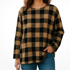 J. Jill Buffalo Plaid Tunic Top Size XL Tall Black Camel Long Sleeve Heavy